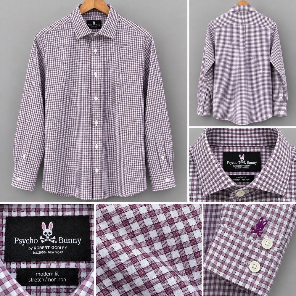 Psycho Bunny Modern Fit Dress Shirt Men 16.5 32/33 Purple Non Iron Stretch Check